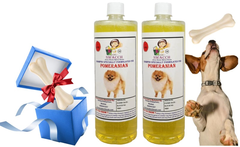 swacch Shampoo | Puppy Safe Shampoo | Pomeranian Dog Shampoo (1 Litre) (Pack of 2) Lemon + Medium White Bone | Dog Chew Bones | Teething chew Toy | Dental Teething | Combo Pack - Image 1