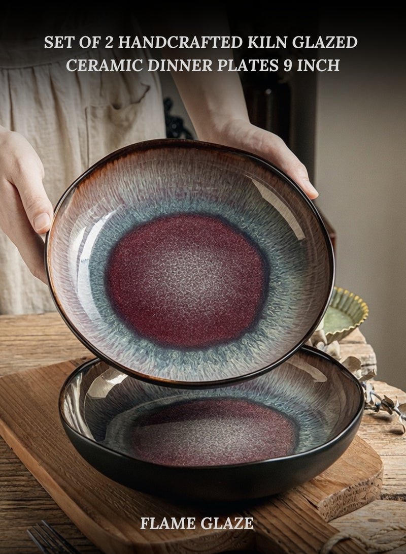 Set of 2 Deep Ceramic Dinner Plate 1000ml, Handcrafted Large Deep Porcelain Plate 9 inch, Flame Glaze Round Handcrafted Pasta Bowl Plate, Perfect for Steak, Pasta, Salad, Main Courses - Image 1