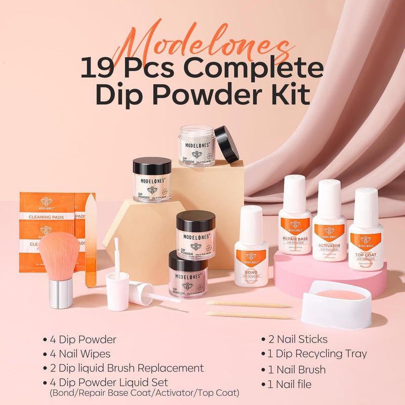 Modelones Dip Powder Nail Kit, 4 Colors Nude Pink Glitter Dipping Starter Set with Liquid and Complete Accessories for French Nails Art Salon DIY at Home Manicure - Image 5