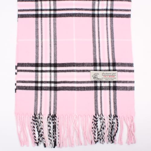 TZ Promise Plaid Cashmere Feel Classic Soft Luxurious Winter Scarf For Men Women (Baby Pink) - Image 4