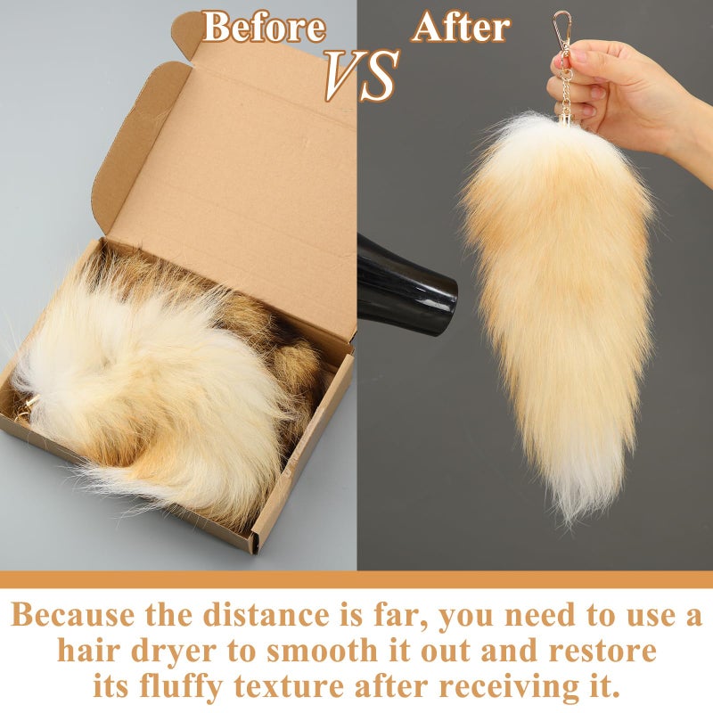 Ferreve Fluffy Fur Fox Tail Keychain Wolf Therian Tail Keychain for Party Cosplay Costume Keyring for Women 2 Sizes(Gold,Brown,2 Pcs) - Image 3