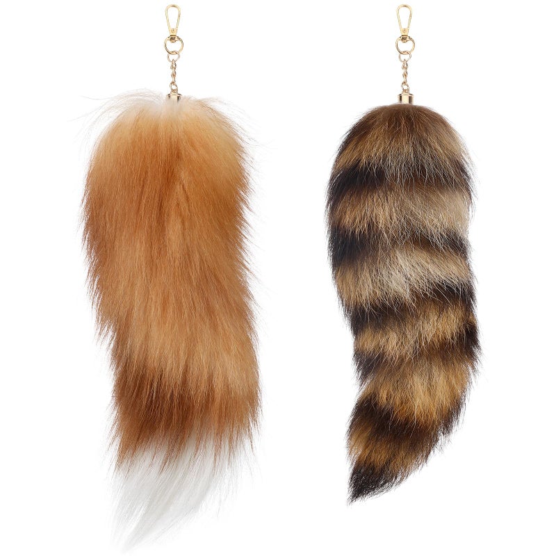 Ferreve Fluffy Fur Fox Tail Keychain Wolf Therian Tail Keychain for Party Cosplay Costume Keyring for Women 2 Sizes(Gold,Brown,2 Pcs) - Image 1