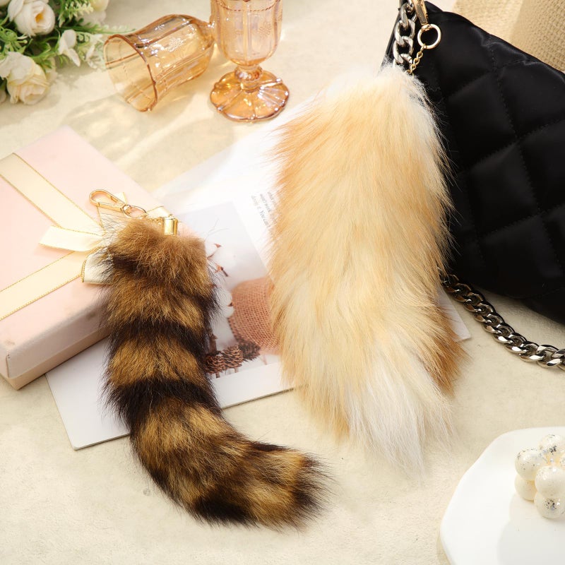 Ferreve Fluffy Fur Fox Tail Keychain Wolf Therian Tail Keychain for Party Cosplay Costume Keyring for Women 2 Sizes(Gold,Brown,2 Pcs) - Image 4