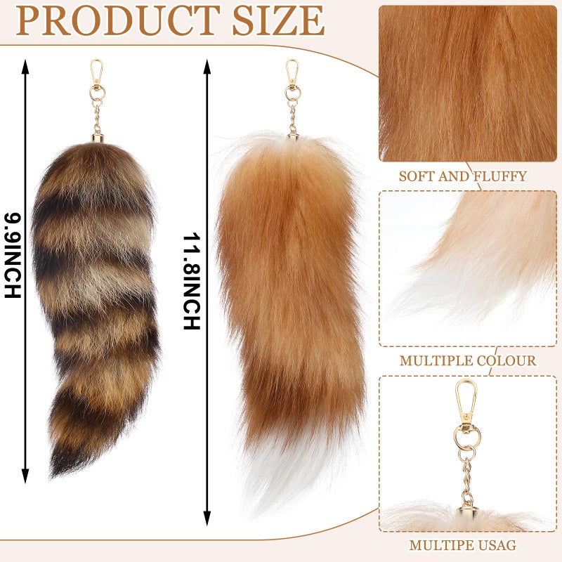 Ferreve Fluffy Fur Fox Tail Keychain Wolf Therian Tail Keychain for Party Cosplay Costume Keyring for Women 2 Sizes(Gold,Brown,2 Pcs) - Image 2