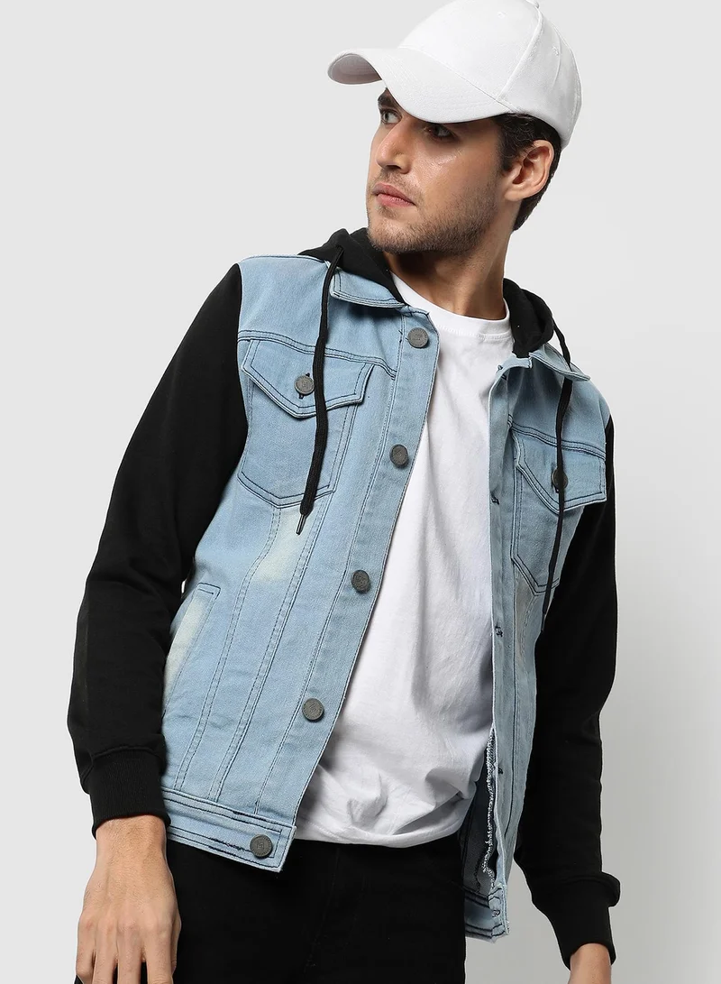 Campus Sutra Men's Blue & Black Light-Wash Denim Jacket With Sweatshirt Sleeve For Casual Wear | Hooded Neck | Long Sleeve | Button Closure | Cotton Jacket Crafted With Comfort Fit For Everyday Wear