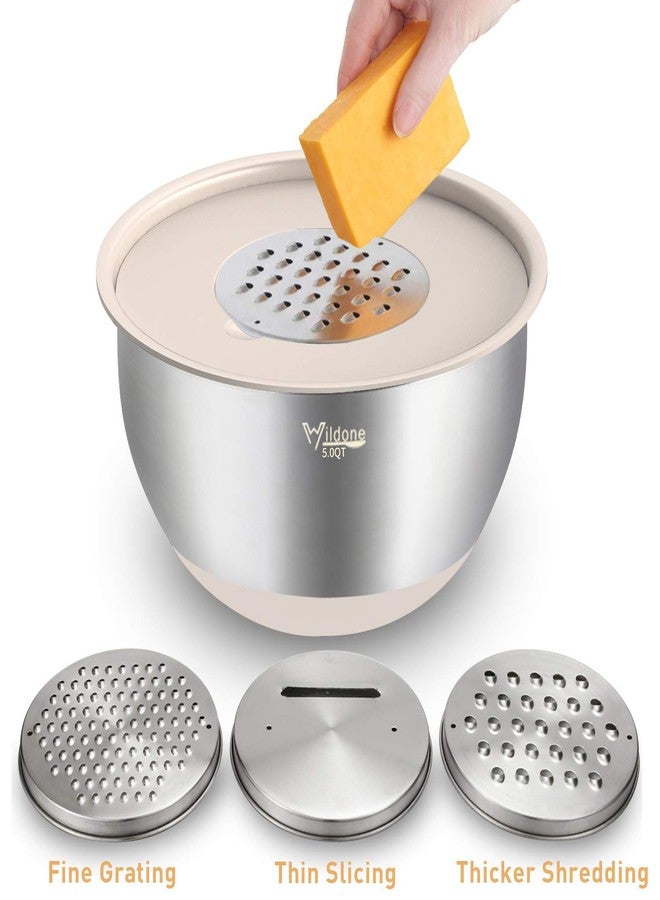 Wildone Mixing Bowls with Airtight Lids Set, 5PCS Stainless Steel Khaki Nesting Bowls for Kitchen, with Grater Attachments & Non-Slip Bottoms, Size 5, 3, 2, 1.5, 0.63 QT, Great for Mixing & Serving - Image 3