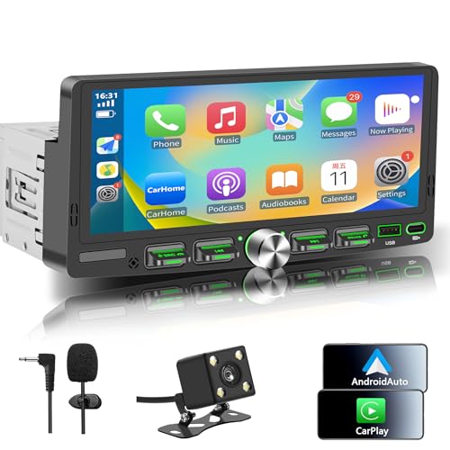GHIOPMZ Single Din Touchscreen Radio with Wireless Apple CarPlay & Android Auto, 6.9" IPS Car Stereo with Bluetooth, Mirror Link, FM/AM,EQ, USB/Type-C, SWC, HD Backup Camera, Microphone for Car Audio Upgrade - Image 1