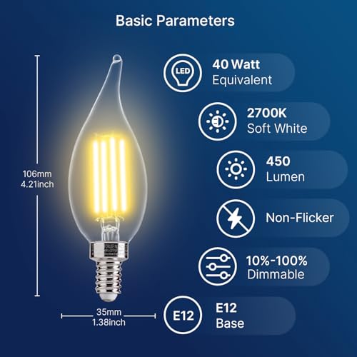 FLSNT LED Candelabra Bulbs, Dimmable CA11 E12 LED Chandelier Light Bulbs, 2700K Soft White, 4W (40W Equivalent), 450LM, 12 Pack UL,CA65 Listed. - Image 2