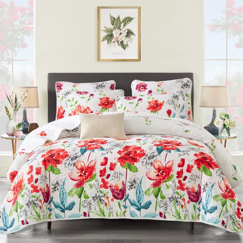 UOZZI BEDDING 3 Piece Queen Reversible Floral Quilt Set White Red Green Colorful Soft Microfiber Lightweight Autumn Winter Coverlet Red Flowers Adult Bedspread for All Season 1 Quilt 2 Pillow Shams