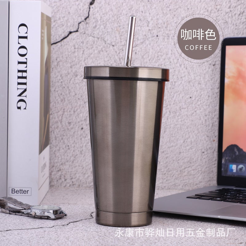 16oz Double-Wall 304 Stainless Steel Straw Cup with Lid Brown