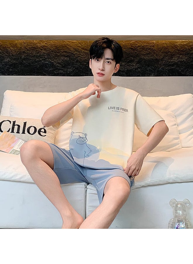 Me Feeling Men's Summer 100% Cotton Thin Short Sleeve Shorts Casual Home Wear Set Cool And Breathable Pajamas - Image 4