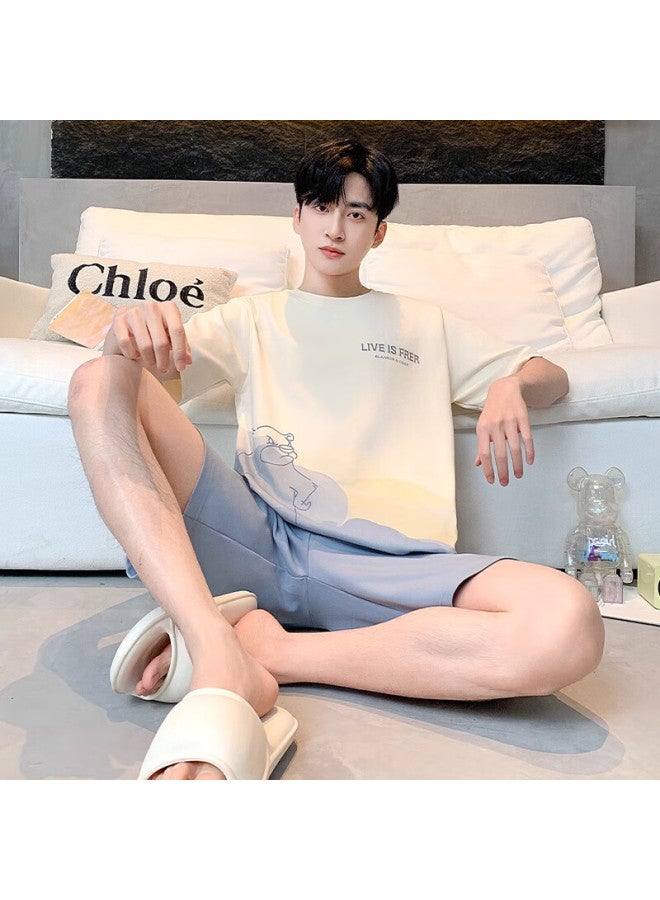 Me Feeling Men's Summer 100% Cotton Thin Short Sleeve Shorts Casual Home Wear Set Cool And Breathable Pajamas - Image 3