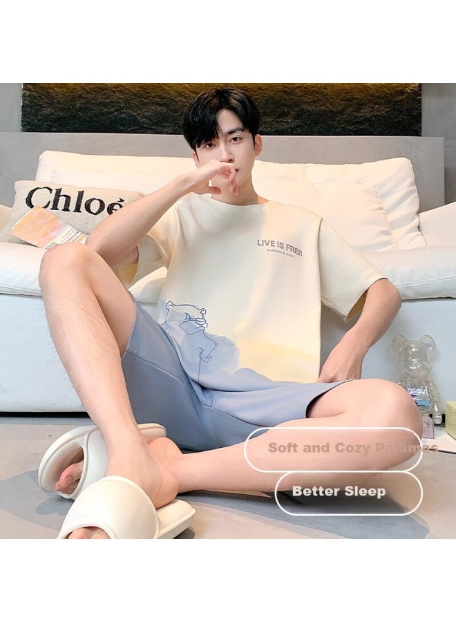 Me Feeling Men's Summer 100% Cotton Thin Short Sleeve Shorts Casual Home Wear Set Cool And Breathable Pajamas - Image 2