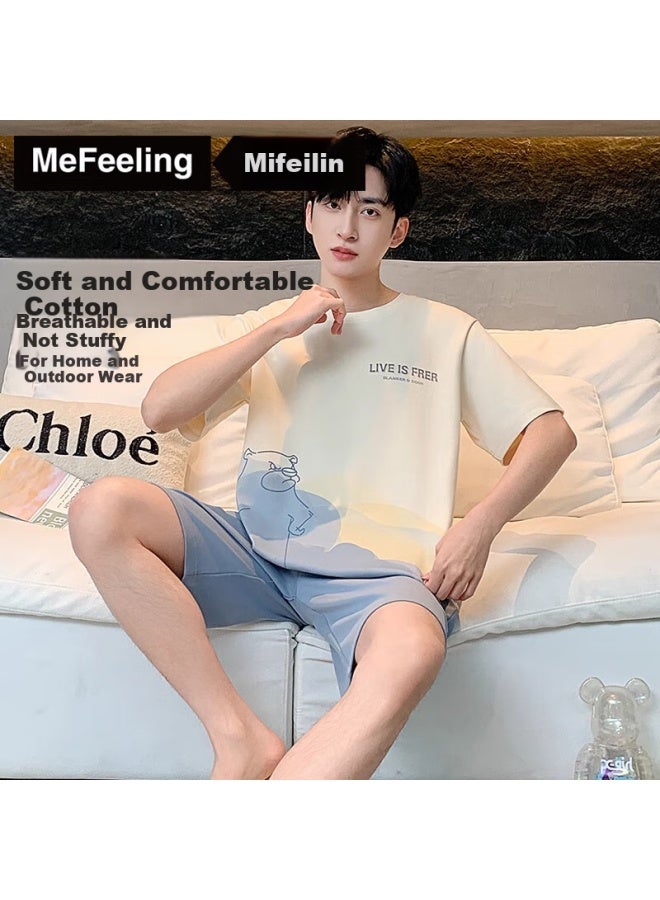 Me Feeling Men's Summer 100% Cotton Thin Short Sleeve Shorts Casual Home Wear Set Cool And Breathable Pajamas - Image 1