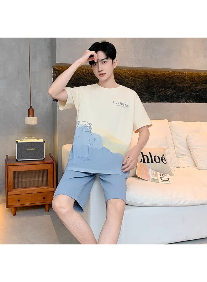 Me Feeling Men's Summer 100% Cotton Thin Short Sleeve Shorts Casual Home Wear Set Cool And Breathable Pajamas - Image 5