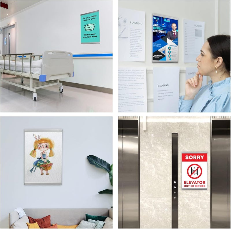 كاست ويف حامل لافتات أكريليك A4 مثبت على الحائط، إطارات عرض بلاستيكية مع شريط لاصق وشريط مغناطيسي، حامل لافتات أكريليك شفاف للباب/النوافذ/المكتب/المنزل - بدون حفر ذهبي/عبوة من 3 قطع 8.5 × 11 - Image 2