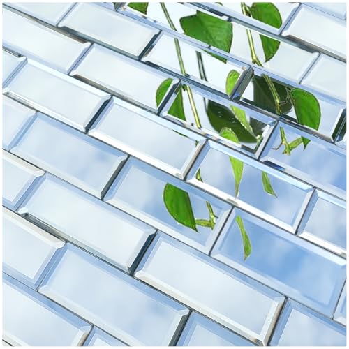 XIHACTY 64 Pcs Peel and Stick Beveled Mirror Glass Tile25x1 Inch Mirror Backsplash Tiles Cute Mirror Strip Tile for Kitchen Bathroom Wall 64 Pcs - Image 1