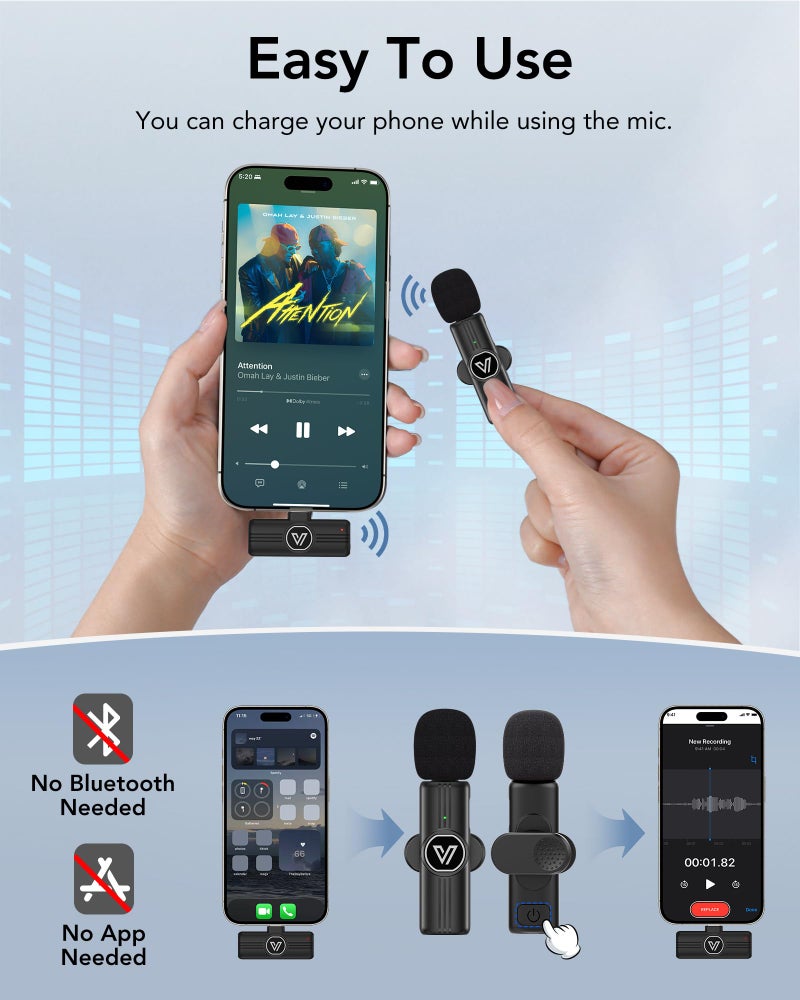 VEZQUA Wireless Mic for Youtubers, Mini Mic for Android/iPhone with Magnetic Clip, Noise Cancellation Wireless Microphone for Video Recording, Vlog, TikTok, 6H, 65ft (2 Channel Type-C) - Image 3