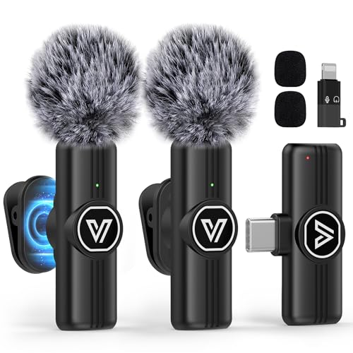 VEZQUA Wireless Mic for Youtubers, Mini Mic for Android/iPhone with Magnetic Clip, Noise Cancellation Wireless Microphone for Video Recording, Vlog, TikTok, 6H, 65ft (2 Channel Type-C) - Image 1