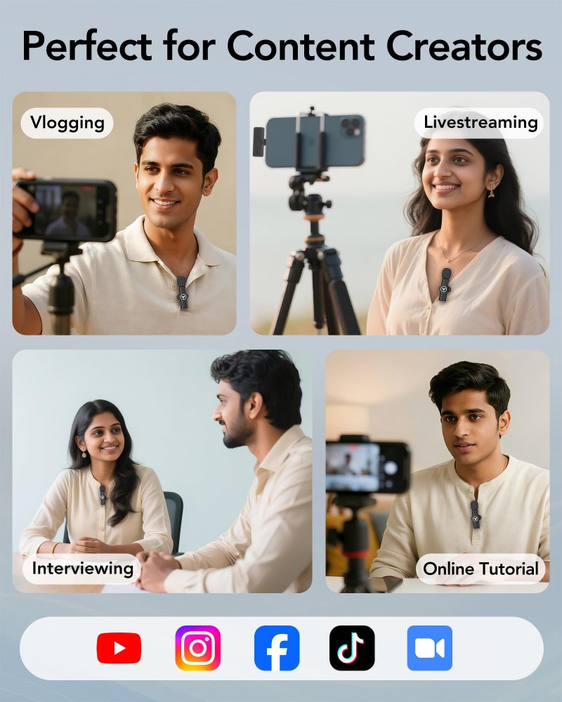 VEZQUA Wireless Mic for Youtubers, Mini Mic for Android/iPhone with Magnetic Clip, Noise Cancellation Wireless Microphone for Video Recording, Vlog, TikTok, 6H, 65ft (2 Channel Type-C) - Image 5