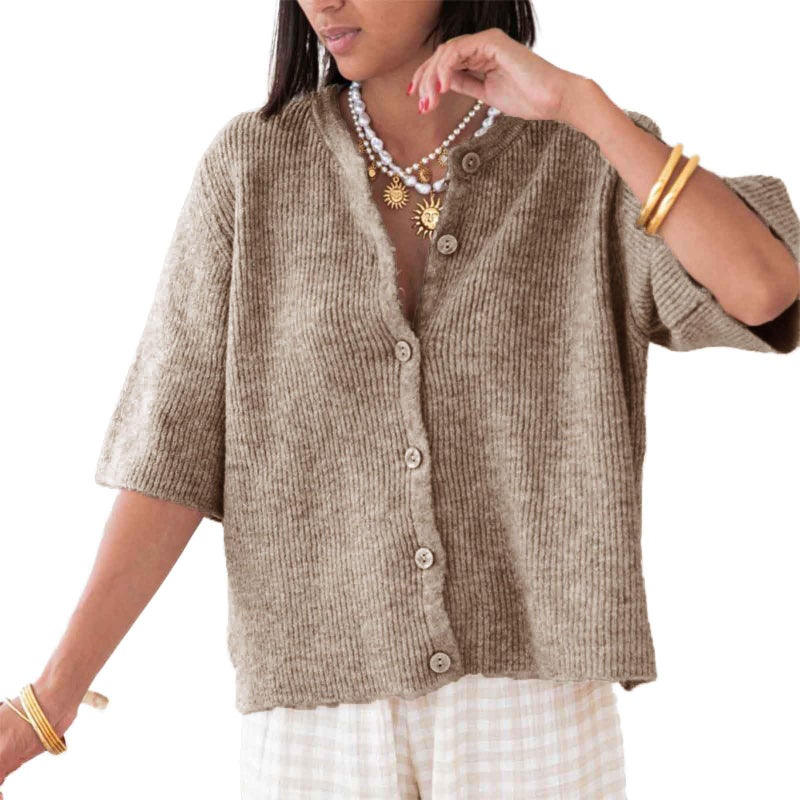 KMBANGI Women Y2K Cardigan Sweater Short Sleeve Button Down Ribbed Knit Crop Top Fall Winter Going Out Sweater (Dark Khaki, S) - Image 2
