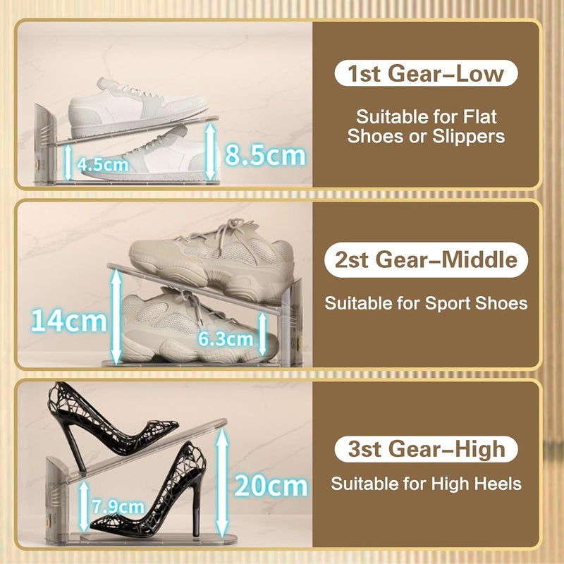 SUSOO 8 Pcs Double Shoe Slot Organizer, Adjustable Highth Shoe Stacker for Pair of Shoes, 50% Space-Saving Double Deck Shoe Rack Holder, Thickening Stability Clear Shoe Organizer for Closet Storag - Image 3