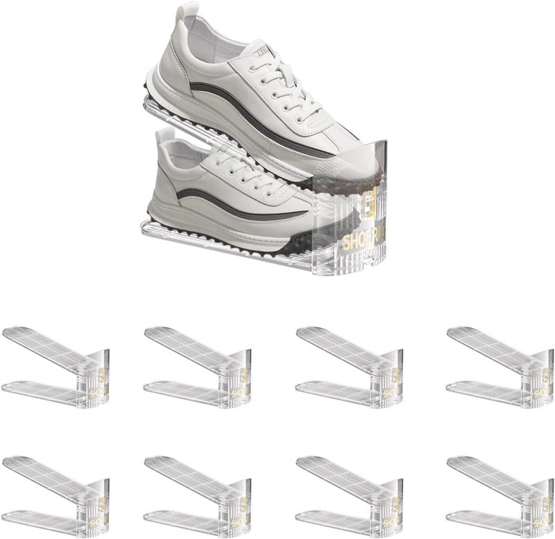 SUSOO 8 Pcs Double Shoe Slot Organizer, Adjustable Highth Shoe Stacker for Pair of Shoes, 50% Space-Saving Double Deck Shoe Rack Holder, Thickening Stability Clear Shoe Organizer for Closet Storag - Image 1