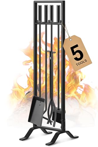 Gtongoko Premium 5 Pcs Wrought Iron Fireplace Tools Set for OutdoorIndoorFire Place Set Tools Include PokerTongs ShovelBrush and Stand Accessories SetBlack