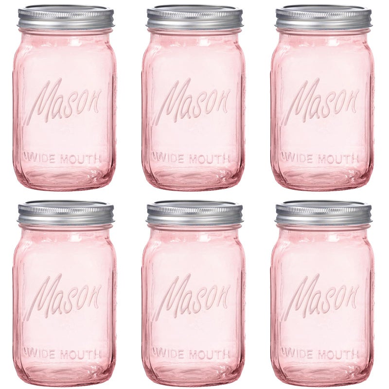 WELLIFE Pink Mason Jars 32 oz,6 Pack Wide Mouth Mason Jars for Safe Storage,Fermenting,Pickling,DIY,Crafts Decoration - Image 1