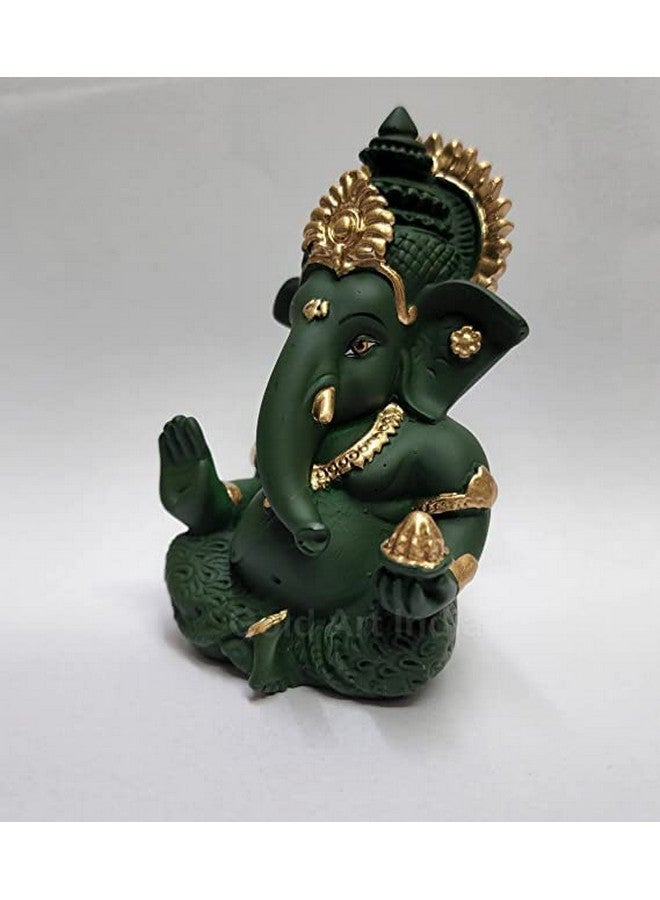 Gold Art India Lord Ganesha For Car Dashboard Forest Green Terracotta Mukut Ganesha Murti Ganpati Idol For Puja Lord Ganesh Statue Gift For Office Desk Puja Room Figurine, Fantasy, 5 Cm, 5 Cm - Image 5