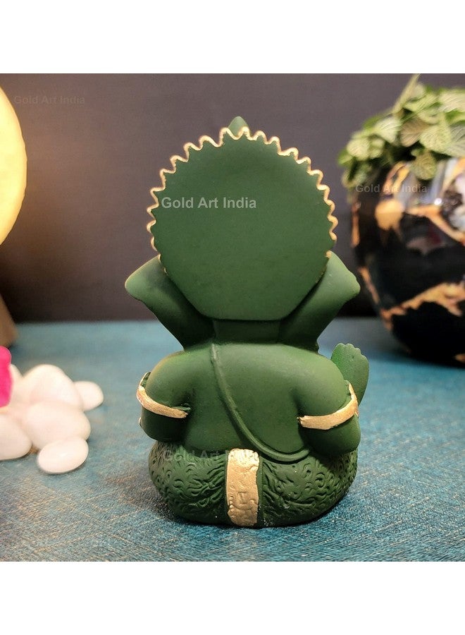 Gold Art India Lord Ganesha For Car Dashboard Forest Green Terracotta Mukut Ganesha Murti Ganpati Idol For Puja Lord Ganesh Statue Gift For Office Desk Puja Room Figurine, Fantasy, 5 Cm, 5 Cm - Image 3