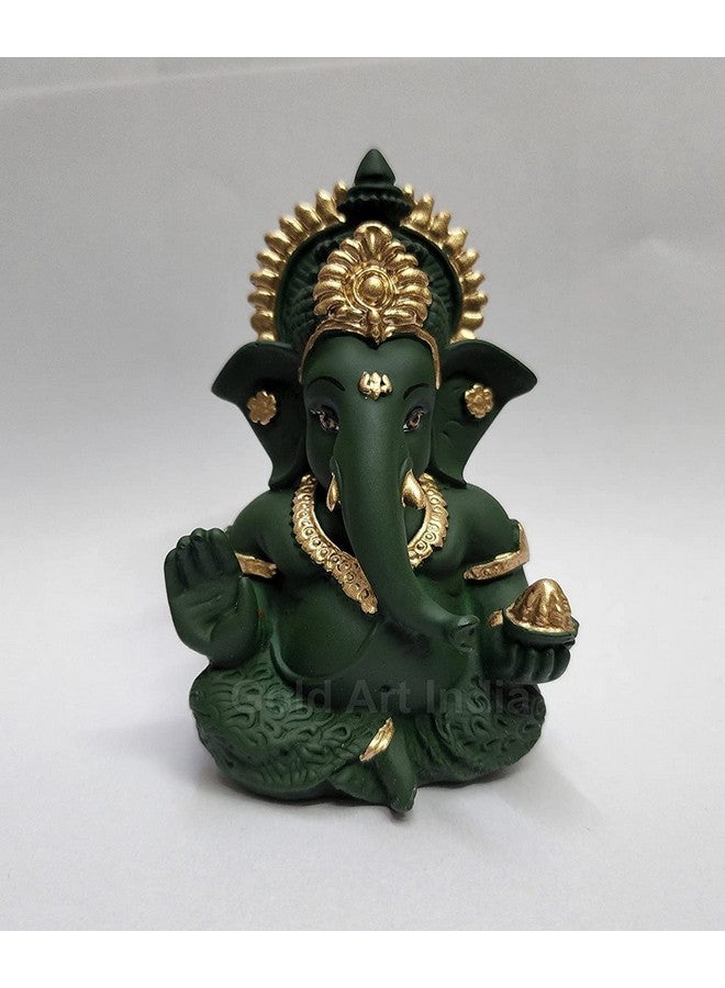Gold Art India Lord Ganesha For Car Dashboard Forest Green Terracotta Mukut Ganesha Murti Ganpati Idol For Puja Lord Ganesh Statue Gift For Office Desk Puja Room Figurine, Fantasy, 5 Cm, 5 Cm - Image 4