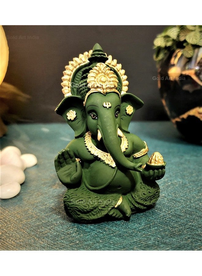 Gold Art India Lord Ganesha For Car Dashboard Forest Green Terracotta Mukut Ganesha Murti Ganpati Idol For Puja Lord Ganesh Statue Gift For Office Desk Puja Room Figurine, Fantasy, 5 Cm, 5 Cm - Image 2
