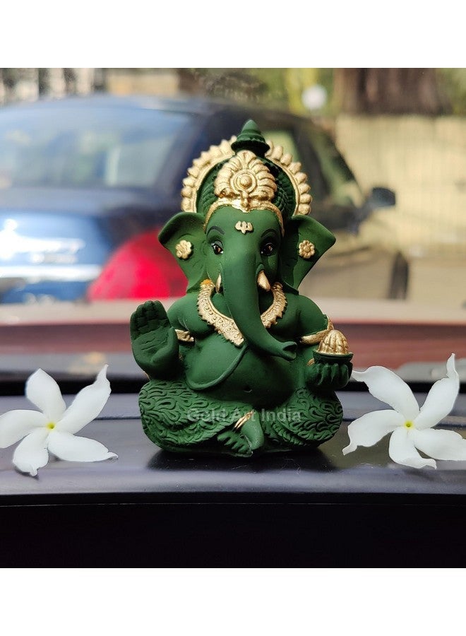 Gold Art India Lord Ganesha For Car Dashboard Forest Green Terracotta Mukut Ganesha Murti Ganpati Idol For Puja Lord Ganesh Statue Gift For Office Desk Puja Room Figurine, Fantasy, 5 Cm, 5 Cm - Image 1