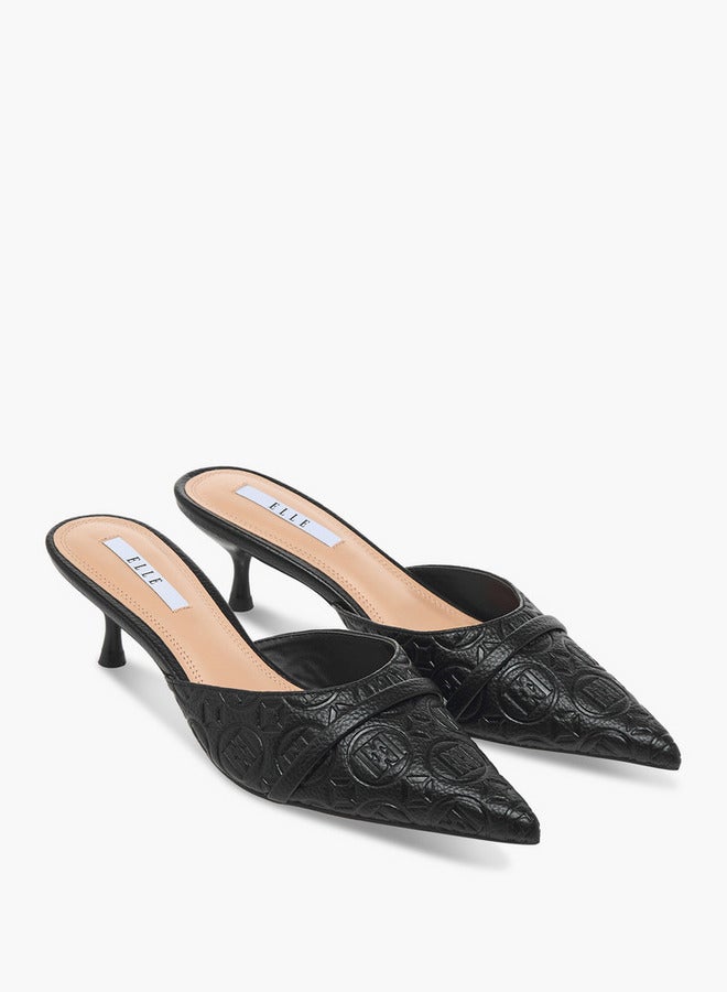 ELLE Women's Monogram Embossed Slip-On Mules with Kitten Heels - Image 3