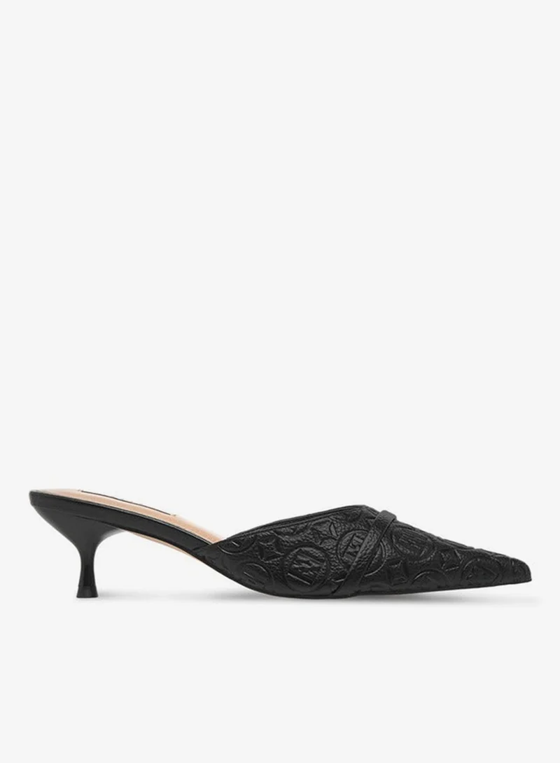 ELLE Women's Monogram Embossed Slip-On Mules with Kitten Heels