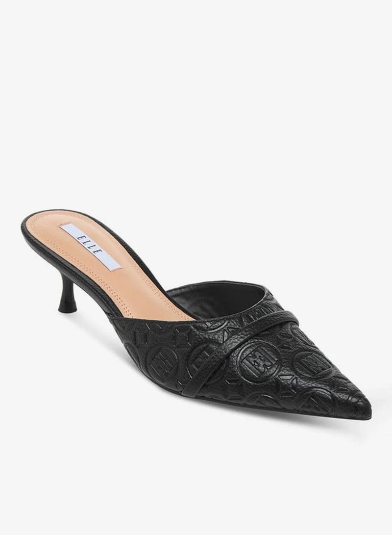 ELLE Women's Monogram Embossed Slip-On Mules with Kitten Heels