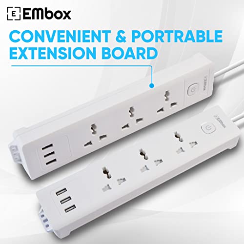 EMBOX Extension Board with USB (2.4 A) 3 USB Ports with Master Switch, Spike Guard, 6 amp Universal Sockets, LED Indicator and Safety Shutter, 2 Meter Extension Cord - Image 2