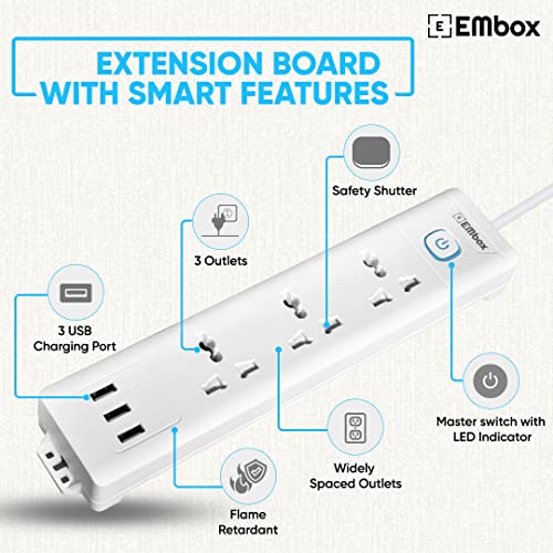 EMBOX Extension Board with USB (2.4 A) 3 USB Ports with Master Switch, Spike Guard, 6 amp Universal Sockets, LED Indicator and Safety Shutter, 2 Meter Extension Cord - Image 3