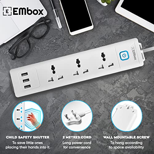 EMBOX Extension Board with USB (2.4 A) 3 USB Ports with Master Switch, Spike Guard, 6 amp Universal Sockets, LED Indicator and Safety Shutter, 2 Meter Extension Cord - Image 4