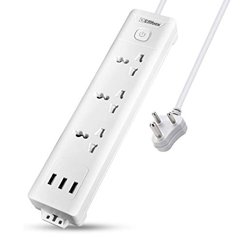EMBOX Extension Board with USB (2.4 A) 3 USB Ports with Master Switch, Spike Guard, 6 amp Universal Sockets, LED Indicator and Safety Shutter, 2 Meter Extension Cord - Image 1