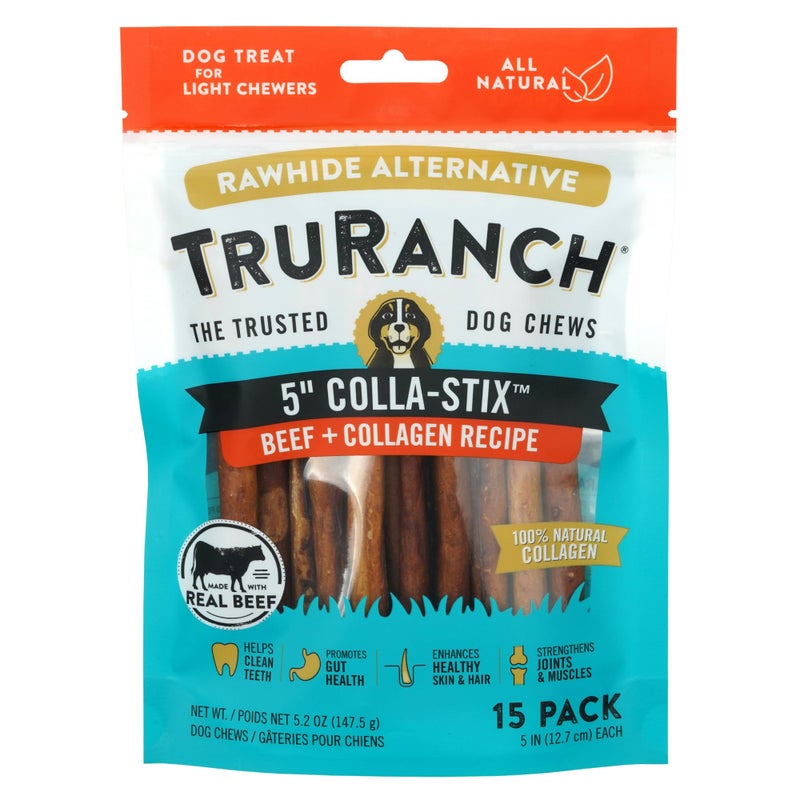 TRURANCH عصي الكولاجين من TRURANCH - 5" عصي كولاجين للكلاب - علاج صحي يدعم المفاصل يدوم طويلاً - بديل للجلد - صحة الجلد والفرو - مصنوع من لحم البقر الحقيقي، 1 كيس، 15 قطعة - Image 1