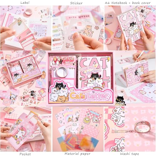 The AutoStory Cute Feline Scrapbook Kit A6 Junk Journal Notebook Kawaii Animal Stickers Pet Collage Papers Washi Tape DIY Art Diary Crafting Supply Gifts Teen Girls (Cat's Letter, Pink) - Image 3