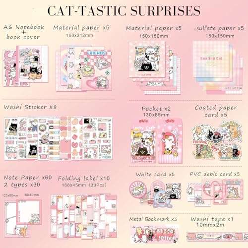 The AutoStory Cute Feline Scrapbook Kit A6 Junk Journal Notebook Kawaii Animal Stickers Pet Collage Papers Washi Tape DIY Art Diary Crafting Supply Gifts Teen Girls (Cat's Letter, Pink) - Image 2