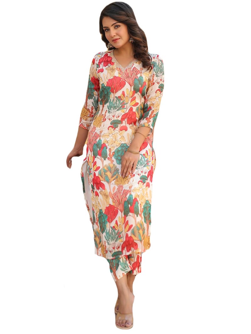ANNI Designer Women's Rayon Blend Straight Fit Printed Kurta with Pant (Samlok White_XXL_White_XX-Large) - Image 1