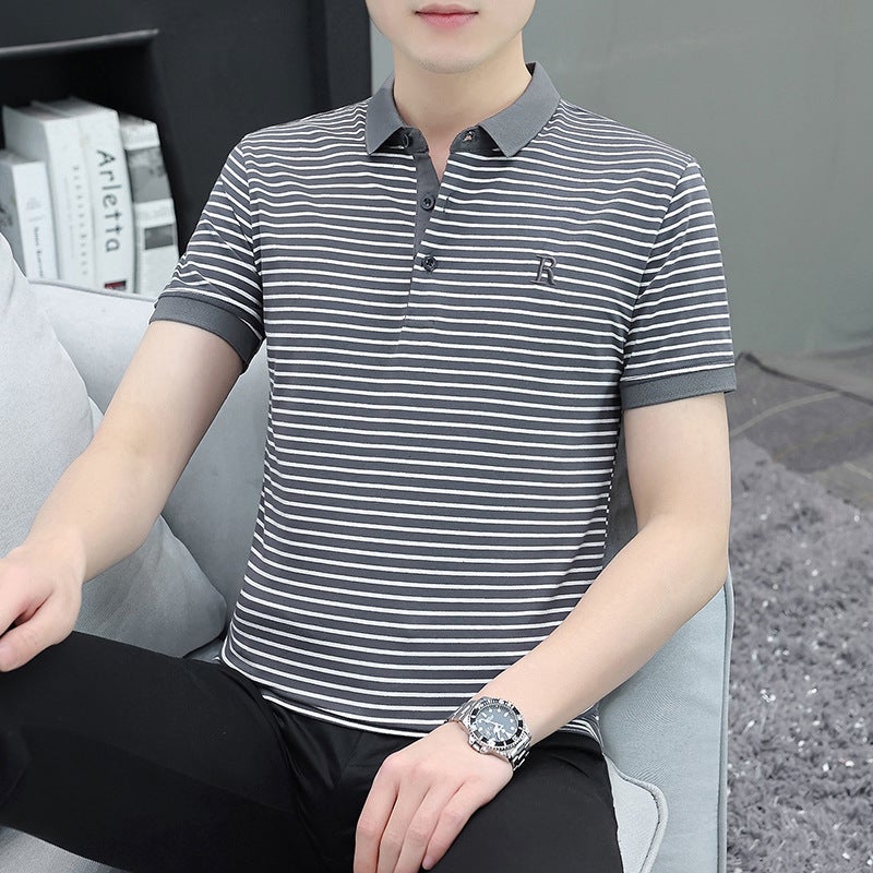 Cotton Striped Short Sleeve Polo Shirt Casual Men Striped T-Shirt - Image 2