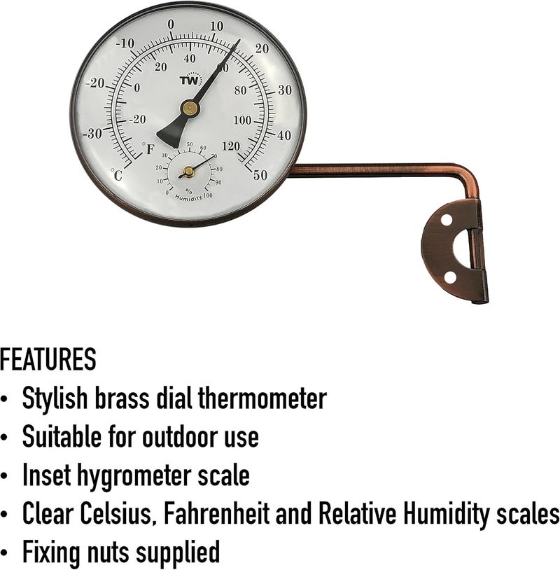 Thermometer World مقياس حرارة ورطوبة خارجي من النحاس مع تصميم قرص أنيق - مقياس حرارة حديقة منا��ب لقياس درجة الحرارة والرطوبة الخارجية، مع ذراع متأرجح لتحديد الموضع بسهولة، مناسب للجدران والدفيئات والمرائب | مقياس حرارة حديقة، مقياس درجة الحرارة والرطوبة، جدار دفيئة مرآب، ذراع متأرجح لتحديد الموضع بسهولة - Image 4