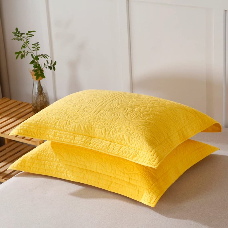 WINLIFE 100% Cotton Quilted Pillow Sham Floral Printed Pillow Cover (Gold/Yellow) - Image 2