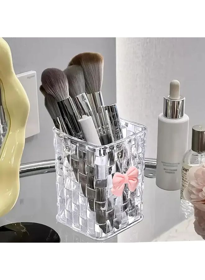 Clear Plastic Pen Holder Pink Bow Decoration Multifunctional Makeup Brush Organizer Vanity Desk Accessory Transparent Storage Solution - Image 1