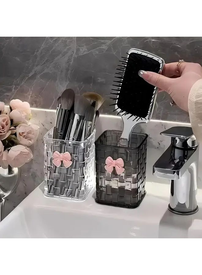 Clear Plastic Pen Holder Pink Bow Decoration Multifunctional Makeup Brush Organizer Vanity Desk Accessory Transparent Storage Solution - Image 2